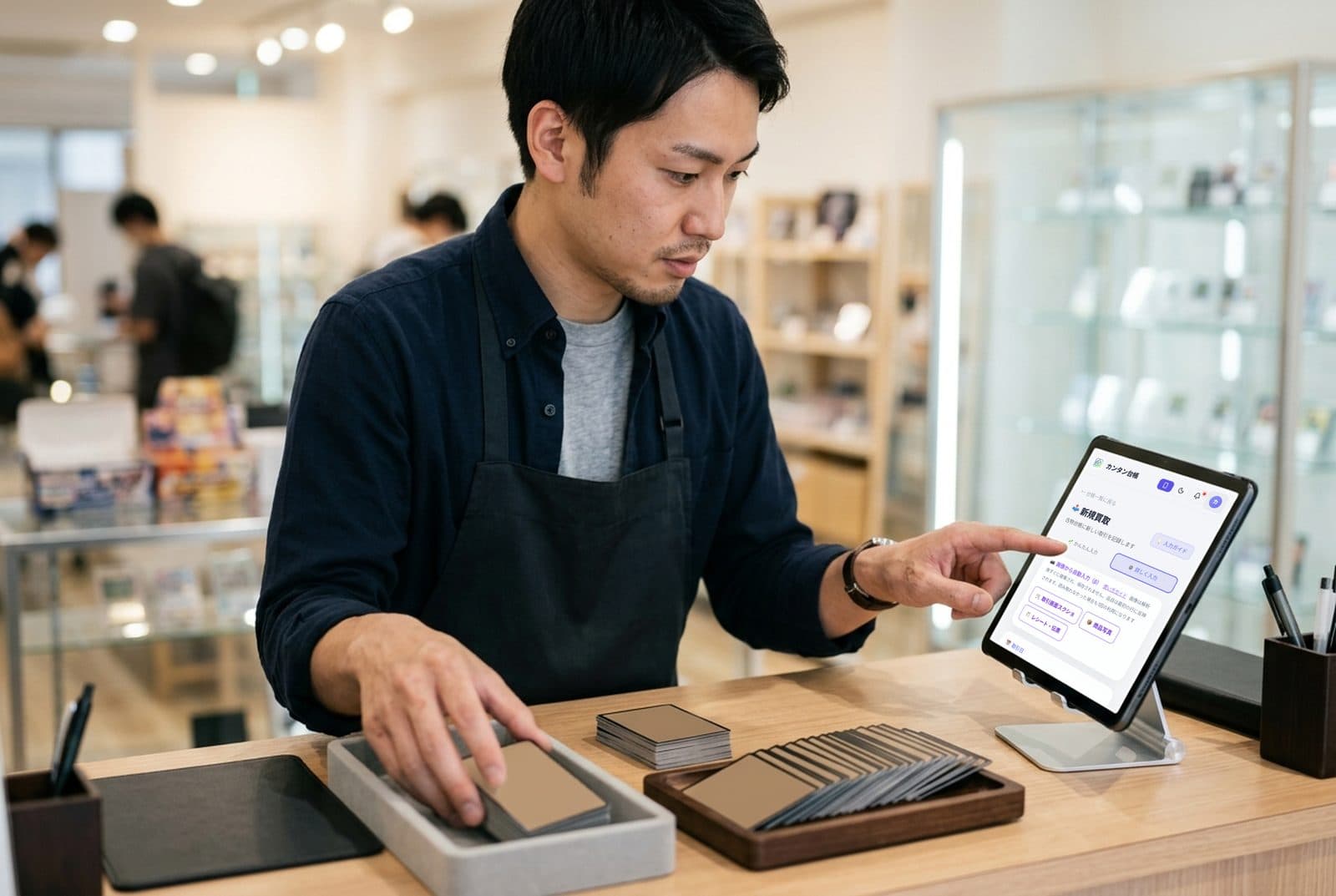 カードショップでカンタン台帳を使う様子
